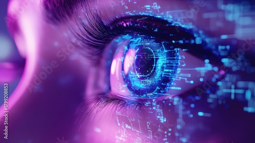 Human eye with futuristic digital data overlay vision