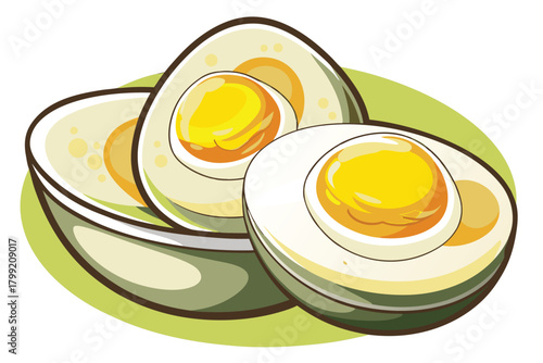 Cartoon halved hard boiled eggs with bright yellow yolks rest on green accent