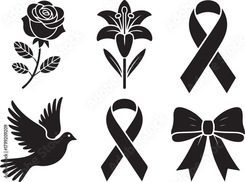Elegant mourning symbols: rose, lily, dove, ribbons