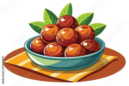 Round brown food delights fill a blue bowl with leafy herbs on a towel