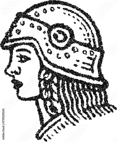 Stipple vector of a female warrior in ornate helmet, vintage engraving of a goddess or valkyrie for fantasy art, logo or tattoo
