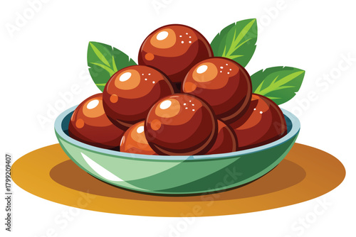 Delicious brown gulab jamun are beautifully arranged in a bowl with green leaves