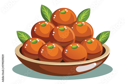 Delicious gulab jamun sweets are beautifully arranged with pistachio and leaf garnish in a bowl