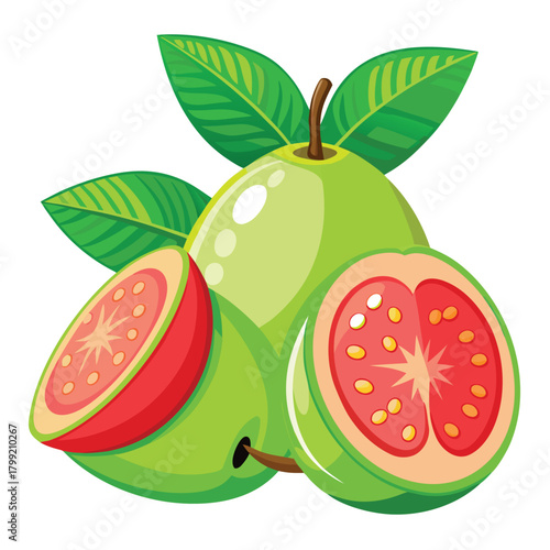 Fresh green guavas with lush leaves showcase a vivid reddish pink interior