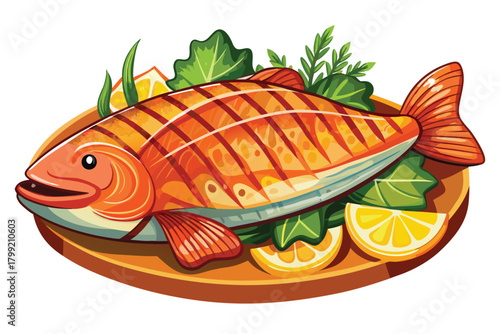 Grilled whole salmon plated with lemon slices and leafy greens looks visually appetizing