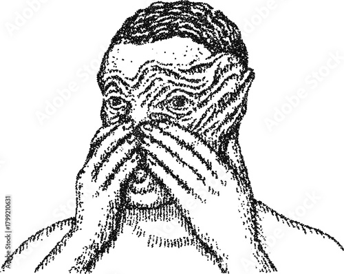 Vintage stipple vector of a man covering his face with hands, concept of despair, shame or surprise, for psychological or artistic illustration
