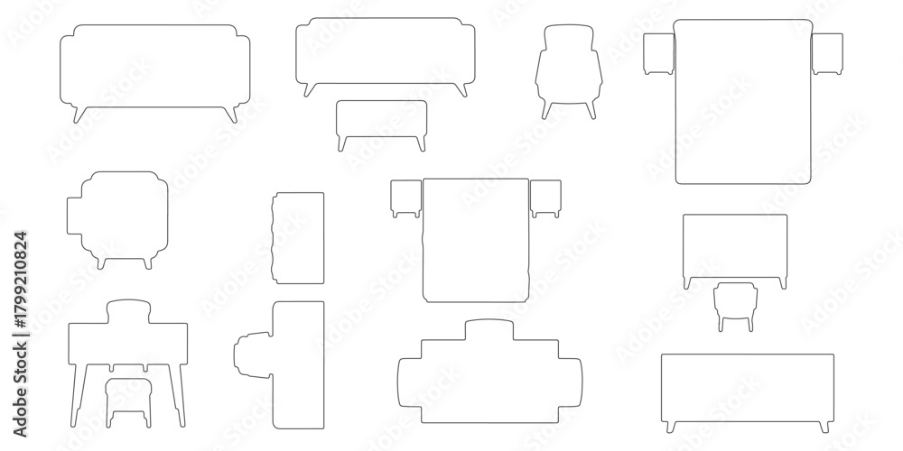 Obraz premium CAD Drawings. Top view of modern furniture pieces outline. Includes sofa, armchair, dining chair, bed, desk, wardrobe, table and cabinet. Vector illustration.