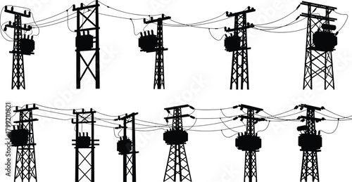 Silhouette vector illustration of electrical transmission towers with transformers and insulators—power grid infrastructure layout for energy distribution and engineering reference