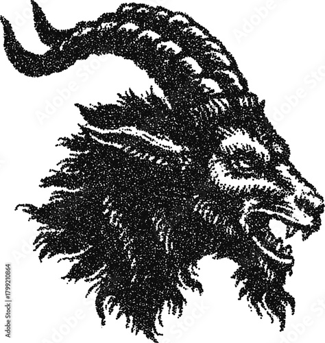 Stipple vector illustration of a satanic goat head, demonic symbol for occult, black metal, or horror-themed designs
