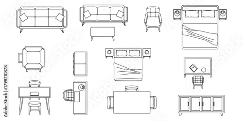 CAD Drawings. Top view of modern furniture pieces. Includes sofa, armchair, dining chair, bed, desk, wardrobe, table and cabinet. Vector illustration.
