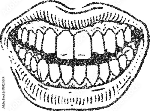 Vintage stipple vector illustration of an open mouth with teeth, detailed anatomical drawing for medical, dental or artistic use