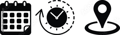 Time, date and address or location icons. Time, date and address vector collection. Calendar, clock and map pin symbol for event, meeting, wedding, schedule, invitation card design element on isolated