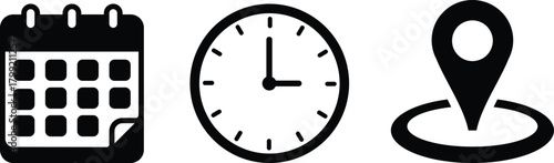 Time, date and address or location icons. Time, date and address vector collection. Calendar, clock and map pin symbol for event, meeting, wedding, schedule, invitation card design element on isolated