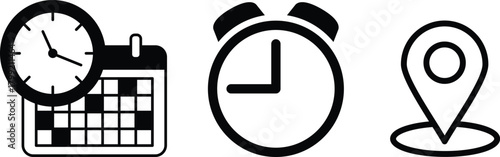 Time, date and address or location icons. Time, date and address vector collection. Calendar, clock and map pin symbol for event, meeting, wedding, schedule, invitation card design element on isolated