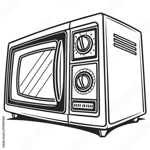 An outlined microwave oven shows simple mechanical knobs in a black and white tone