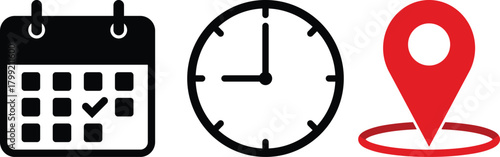 Time, date and address or location icons. Time, date and address vector collection. Calendar, clock and map pin symbol for event, meeting, wedding, schedule, invitation card design element on isolated