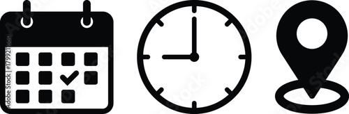 Time, date and address or location icons. Time, date and address vector collection. Calendar, clock and map pin symbol for event, meeting, wedding, schedule, invitation card design element on isolated
