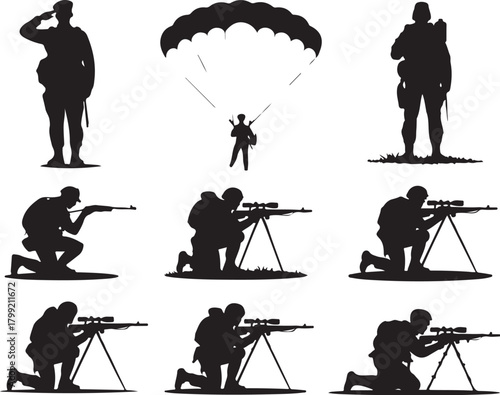 Silhouetted soldiers in action are strong and ready