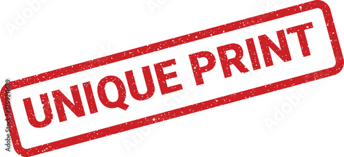Grungy red rectangular rubber stamp impression stating Unique Print suitable for textiles