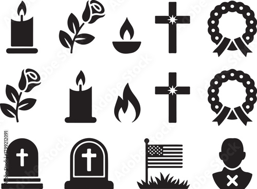 Memorial day remembrance with candle and grave icons