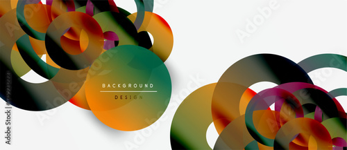 Abstract colorful shapes overlap, creating dynamic visual effect. Gradient hues blend smoothly, forming modern background design.