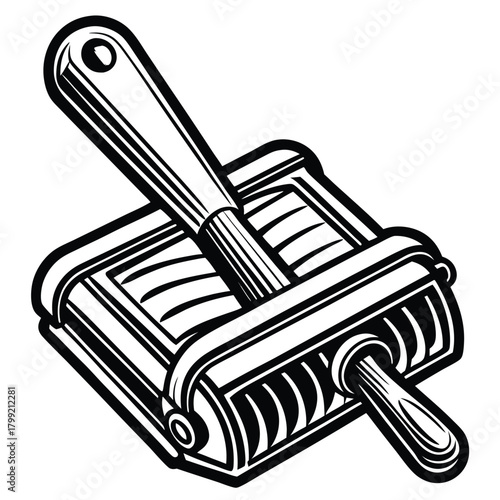 Isolated black and white ravioli cutter presents detailed line work and simple composition