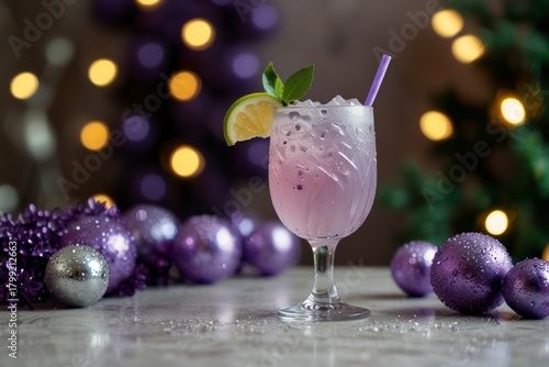 Purple cocktail on a New Year's festive purple background
