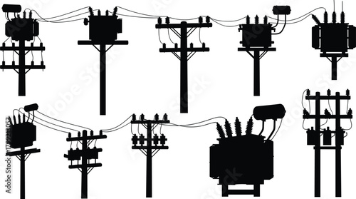 Silhouette vector illustration of electrical utility poles with transformers and power lines—energy grid infrastructure layout for power distribution and engineering reference