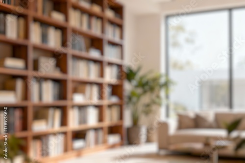 Blur image of a beautifully designed home office featuring bookshelves filled with various books and adorned with vibrant indoor plants for an inviting reading experience.