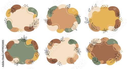 Organic abstract shapes arranged as badge frames circular flowy blobs, leafy outlines, minimal nature symbols