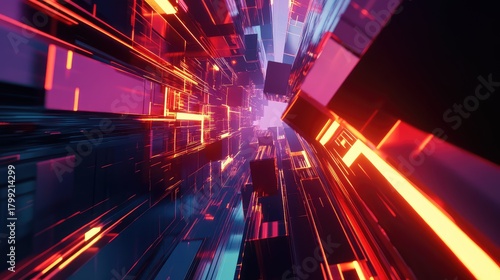 Fototapeta Naklejka Na Ścianę i Meble -  Digital data tunnel with glowing neon lines streaming through