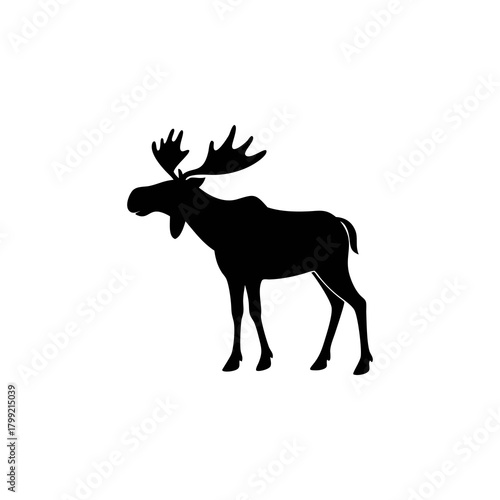 Silhouette of a majestic moose standing in profile, showcasing its large antlers and distinctive features against a white background.