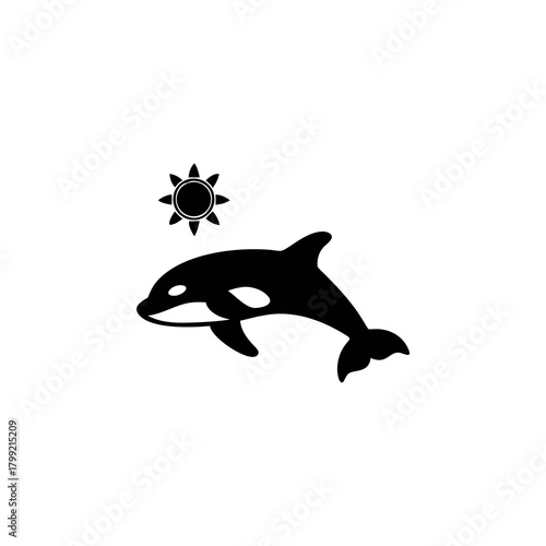 A black silhouette of an orca leaps from the water under a stylized sun, isolated on a white background.
