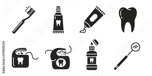 Dental hygiene icons set silhouette isolated on black background