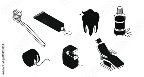 Dental hygiene illustration set toothbrush toothpaste dental floss teeth and chair