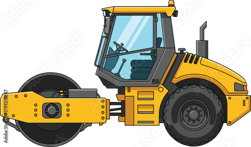 Yellow Road Roller Construction Vehicle Detailed Vector Illustration
