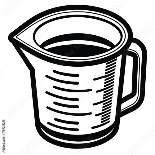 Black and white drawing features a measuring cup with liquid for simple cooking needs