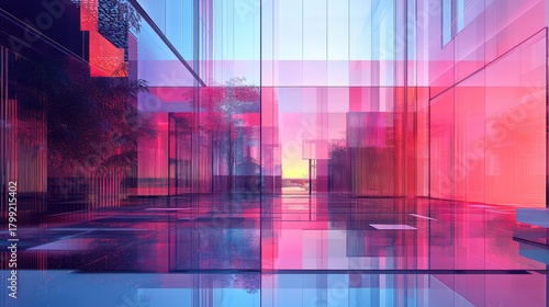 Abstract glass architecture reflecting modern digital glitch art
