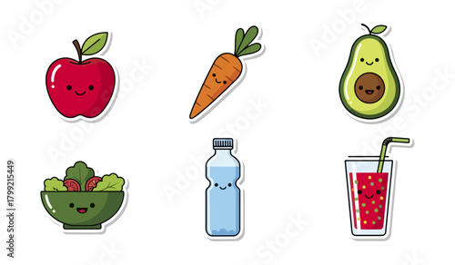 Healthy food collection featuring smiling fruit and vegetables on black