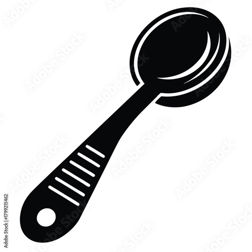 Simple black spoon with linear markings in a clear, minimalist icon presentation