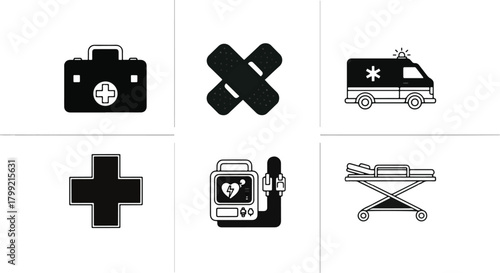Medical icons first aid kit bandage ambulance cross symbol monitor stretcher