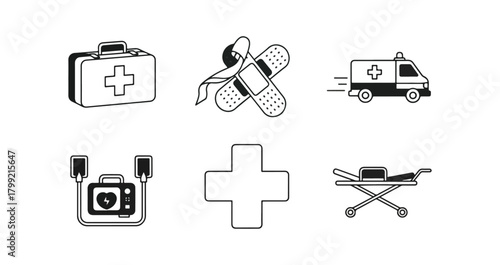 Medical icons first aid kit bandage ambulance defibrillator cross stretcher