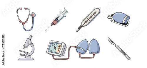 Medical instruments collection illustration isolated on black background