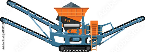 Mobile Stone Crusher Machine with Conveyors Detailed Vector Illustration