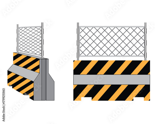 Vector design of a concrete jersey barrier with yellow and black lines and wire mesh fence which is useful for traffic barriers and construction work as well as crowd control and temporary security 