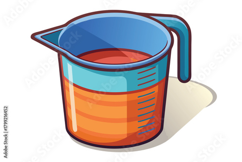 Blue measuring pitcher shows level of an orange liquid inside clearly