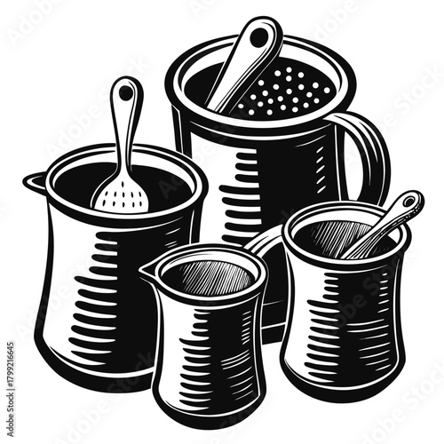 Vintage kitchenware illustration depicts black containers and slotted spoons arranged together artistically with bold line art