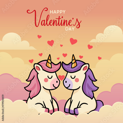 Valentine Unicorns on Clouds-A charming Valentine's Day-themed vector illustration featuring two cartoon unicorns sitting peacefully on fluffy clouds