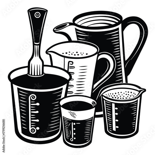 Black and white measuring tools display several liquid levels, with a spoon immersed in it