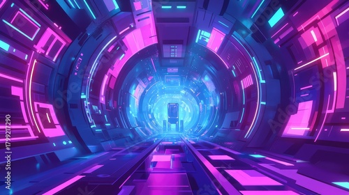 Fototapeta Naklejka Na Ścianę i Meble -  Futuristic neon tunnel glowing with technology and data flow